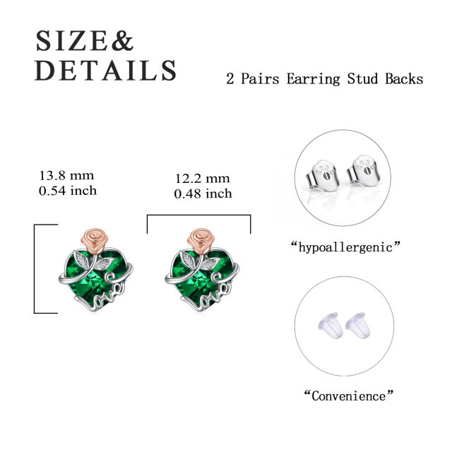 Rose Heart Green Crystal 925 Silver Stud Earrings Love Jewelry Gifts for Mom Women-4