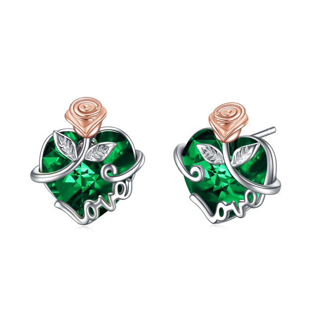Pendientes de tuerca de plata 925 con cristal verde y corazón de rosa, joyería de amor, regalos para mamá y mujer-0