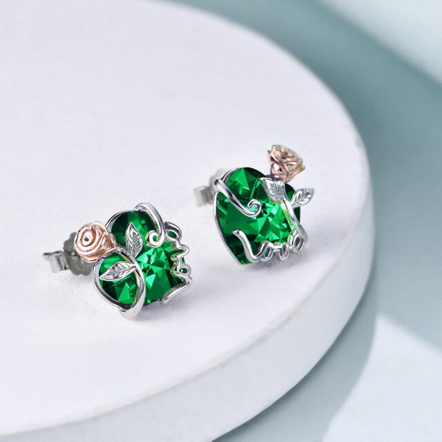 Pendientes de tuerca de plata 925 con cristal verde y corazón de rosa, joyería de amor, regalos para mamá y mujer-2