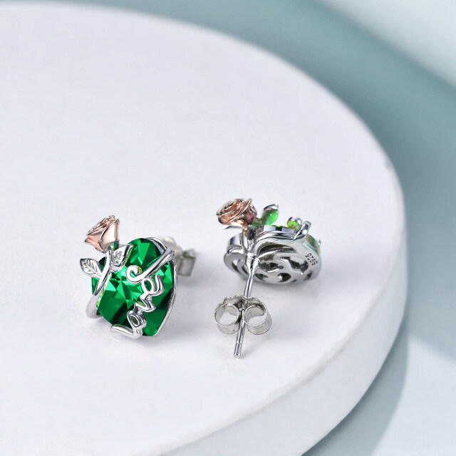 Pendientes de tuerca de plata 925 con cristal verde y corazón de rosa, joyería de amor, regalos para mamá y mujer-3