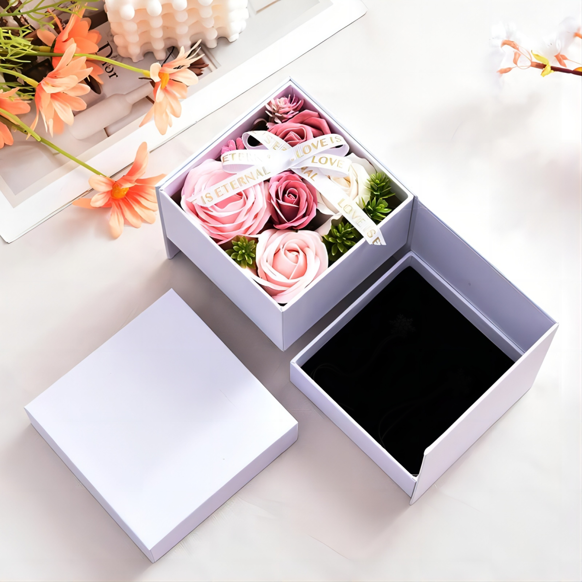 Valentine's Day Double-Layer Rotating Rose Jewelry Gift Box-3