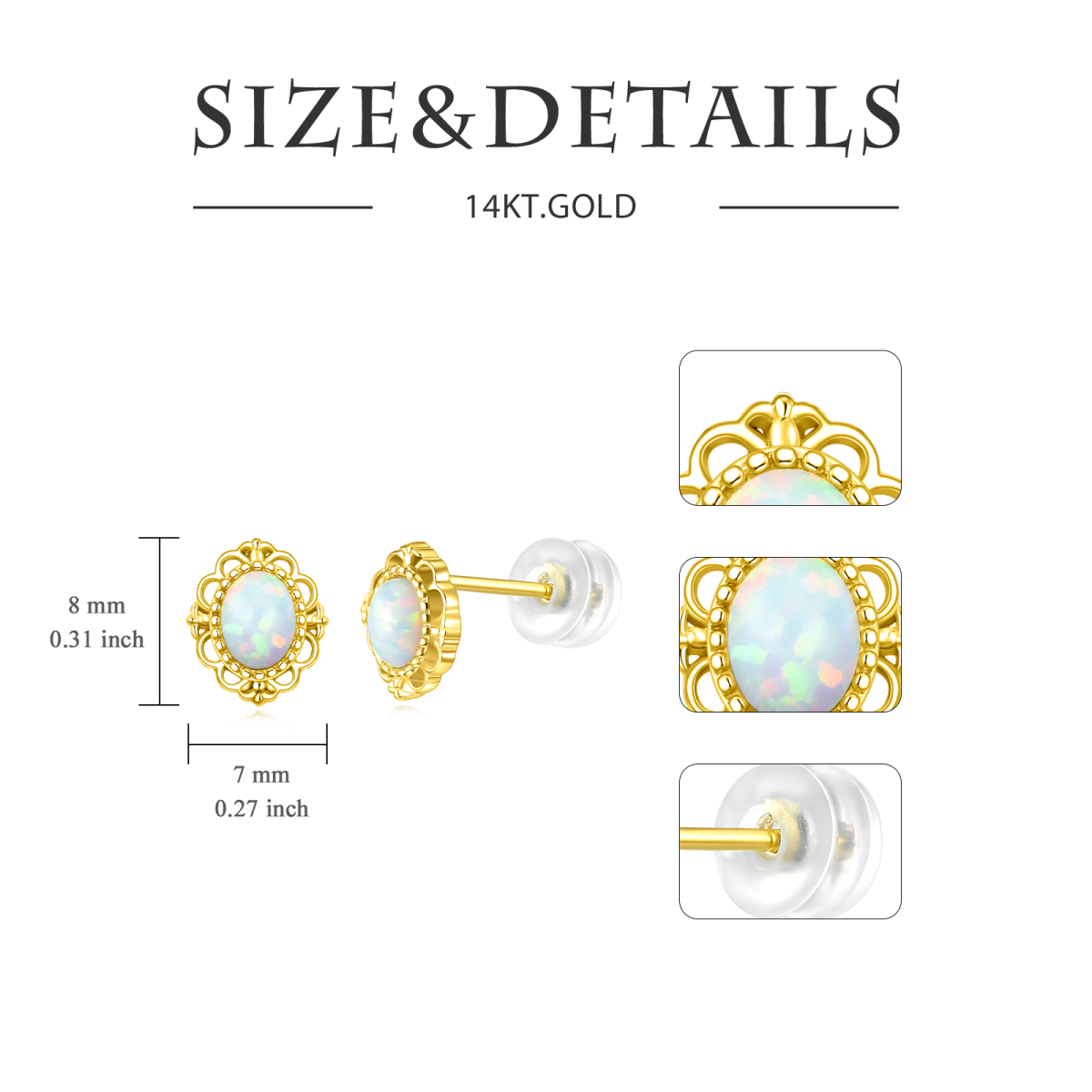 14K Gold Oval Shaped Opal Oval Shaped Stud Earrings-5