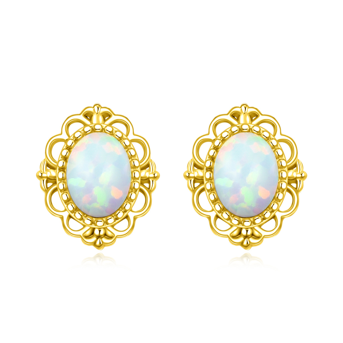 14K Gold Oval Shaped Opal Oval Shaped Stud Earrings-1