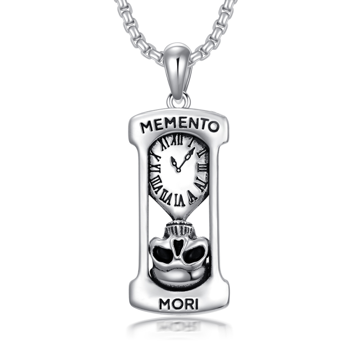 Sterling Silver Hourglass & Skull Pendant Necklace with Engraved Word-1