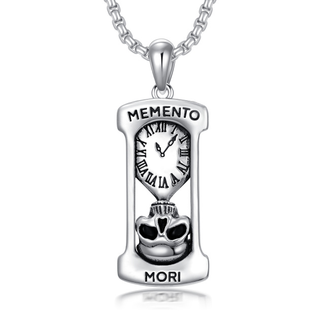 Sterling Silver Hourglass & Skull Pendant Necklace with Engraved Word-0