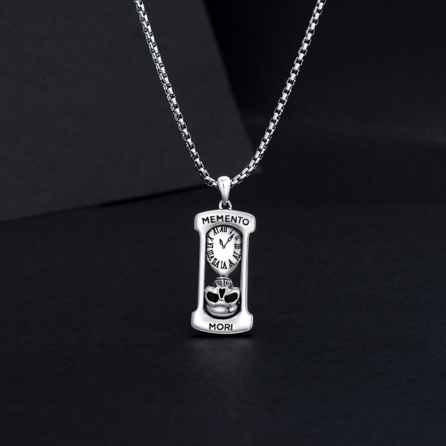 Sterling Silver Hourglass & Skull Pendant Necklace with Engraved Word-2