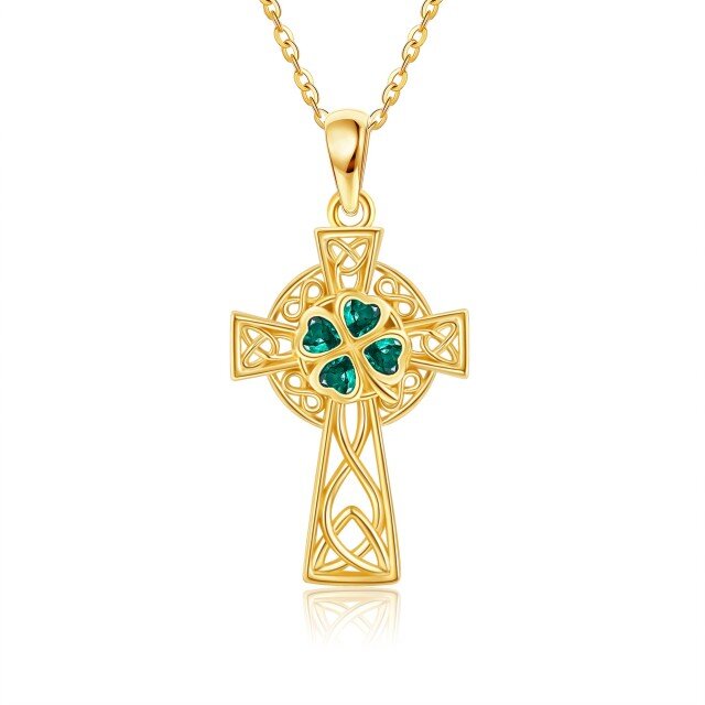 14K Yellow Gold Emerald Heart Cubic Zirconia Celtic Knot & Cross Pendant Necklace-1