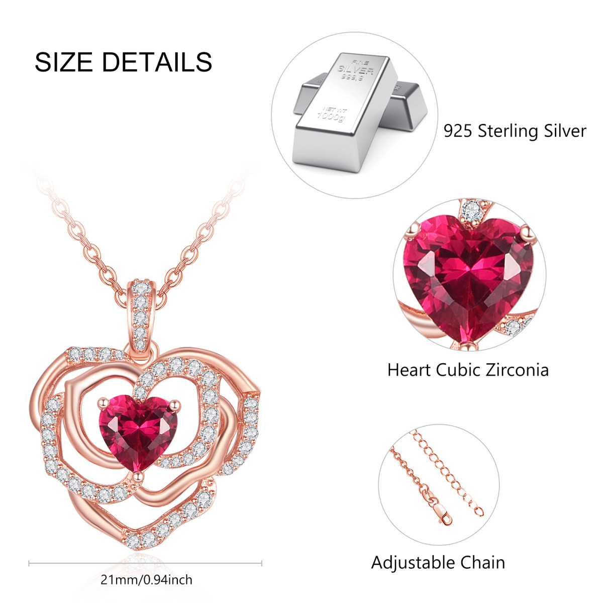 Sterling Silver with Rose Gold Plated Heart Shaped Cubic Zirconia Rose & Heart Pendant Necklace-5