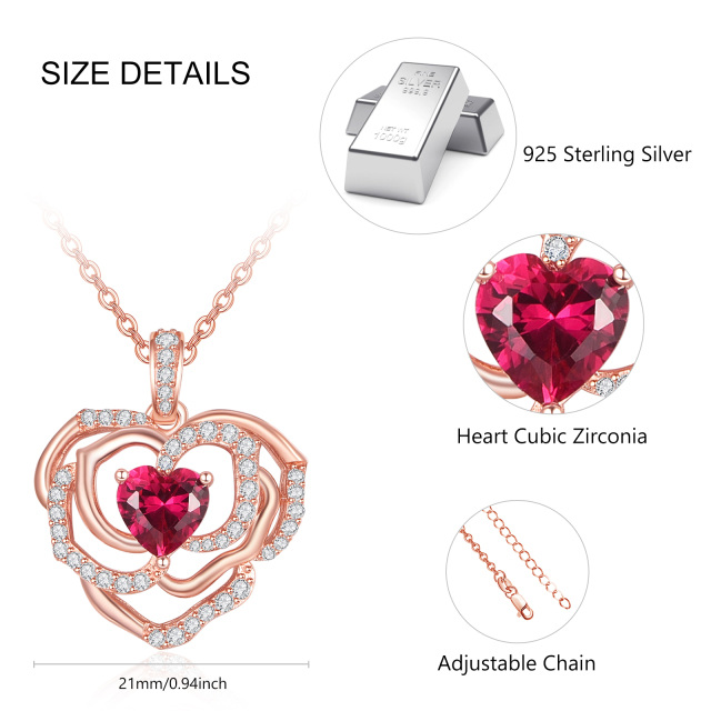 Sterling Silver with Rose Gold Plated Heart Shaped Cubic Zirconia Rose & Heart Pendant Necklace-4