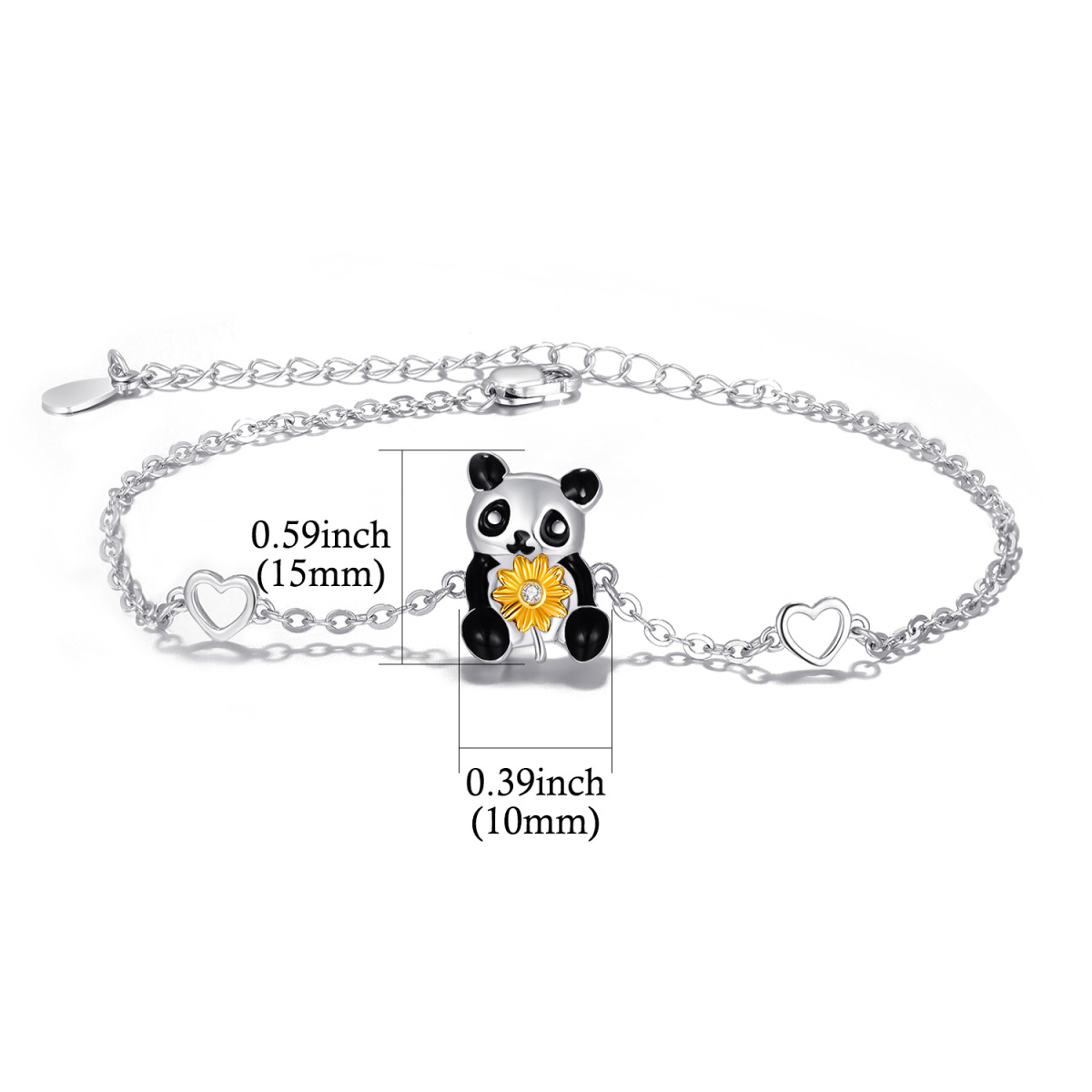 Sterling Silver Two-tone Circular Shaped Cubic Zirconia Panda & Sunflower & Heart Pendant Bracelet-5