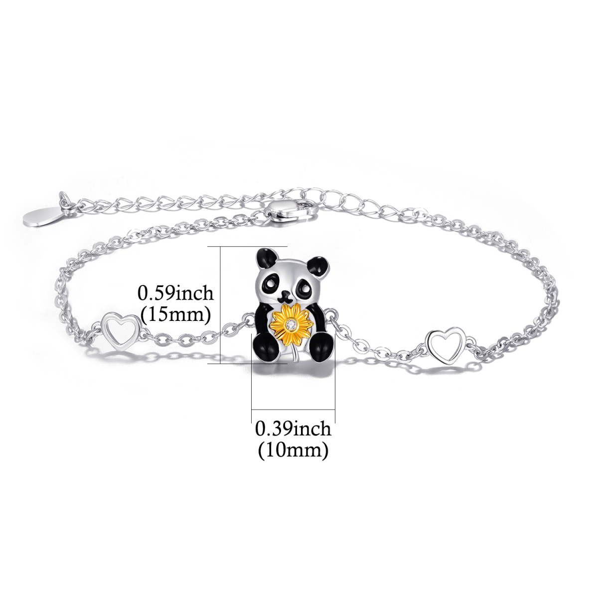 Pulsera con colgante de corazón de girasol y panda de circonita cúbica en dos tonos de plata de ley-5