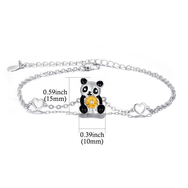 Sterling Silver Two-tone Circular Shaped Cubic Zirconia Panda & Sunflower & Heart Pendant Bracelet-4