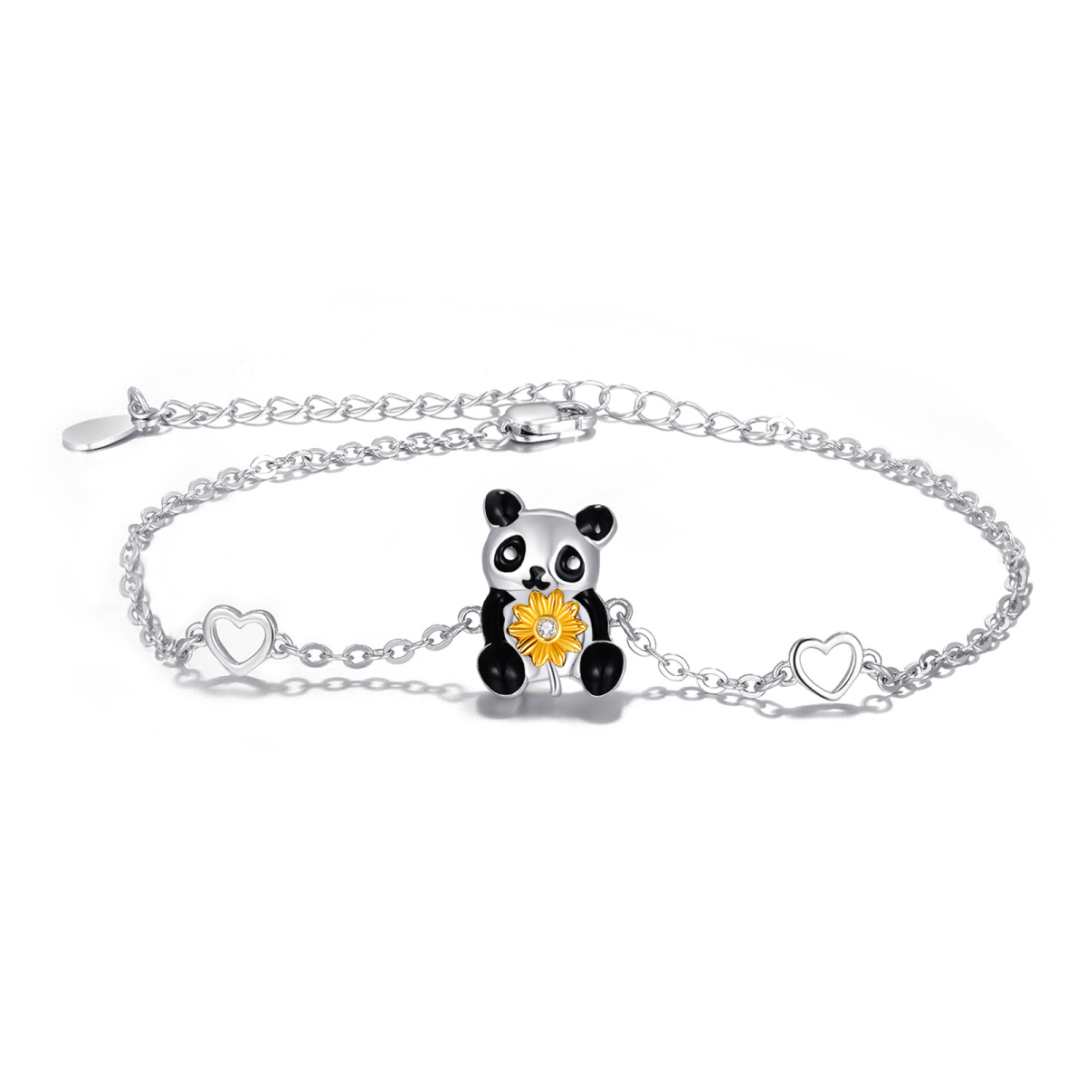 Bracelet en argent sterling avec pendentif en forme de cœur et de tournesol en forme de panda et de zircone cubique bicolore-1