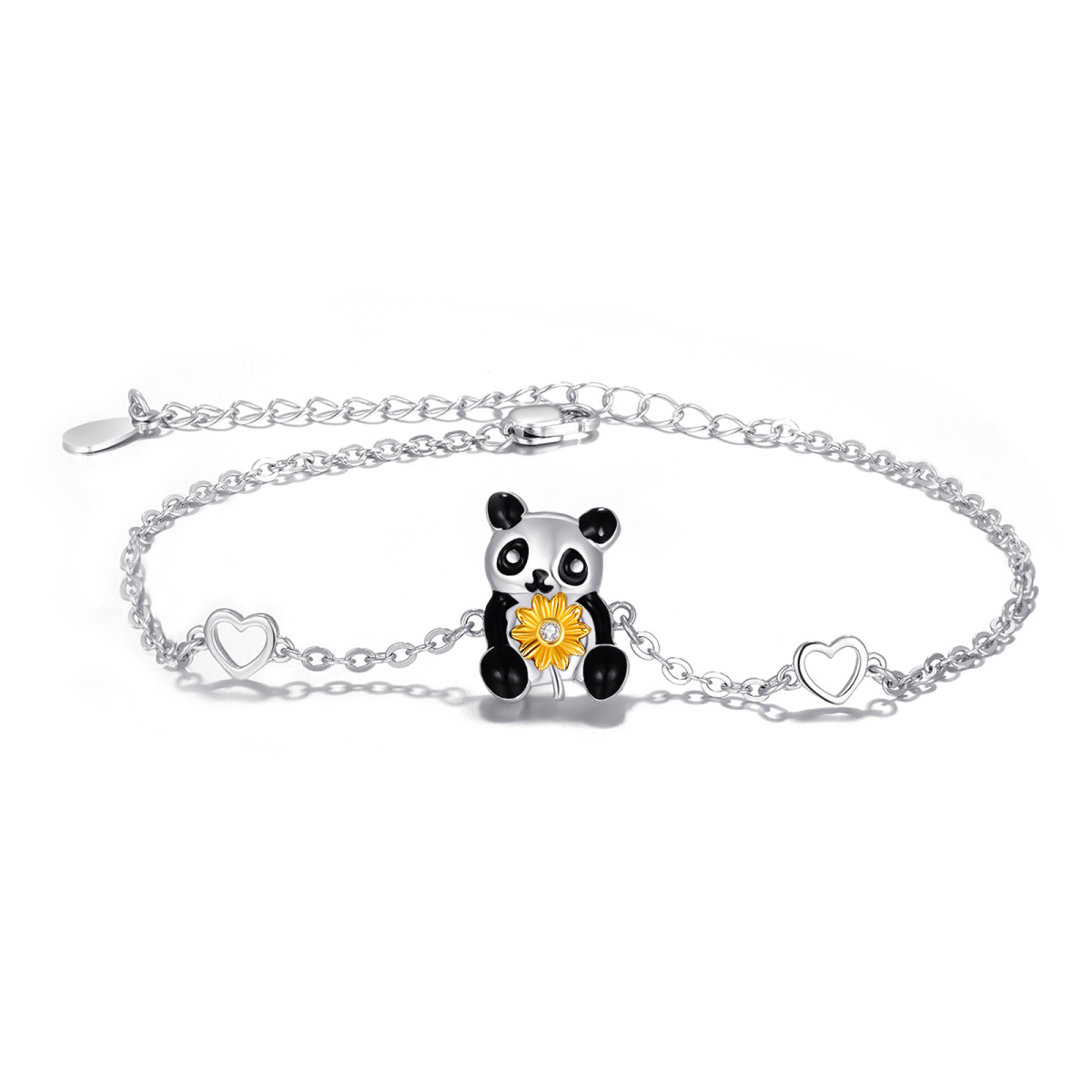 Pulsera con colgante de corazón de girasol y panda de circonita cúbica en dos tonos de plata de ley-1