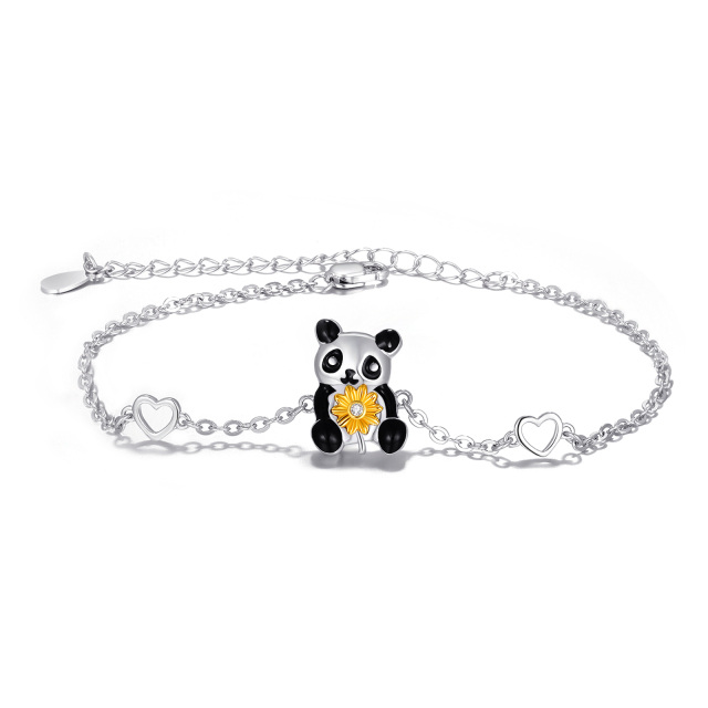 Bracelet en argent sterling avec pendentif en forme de cœur et de tournesol en forme de panda et de zircone cubique bicolore-0