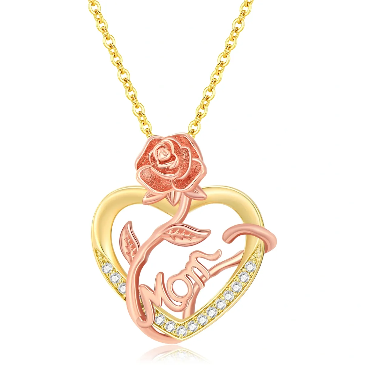 14K Gold & Rose Gold Circular Shaped Cubic Zirconia Rose & Heart Pendant Necklace with Engraved Word-1