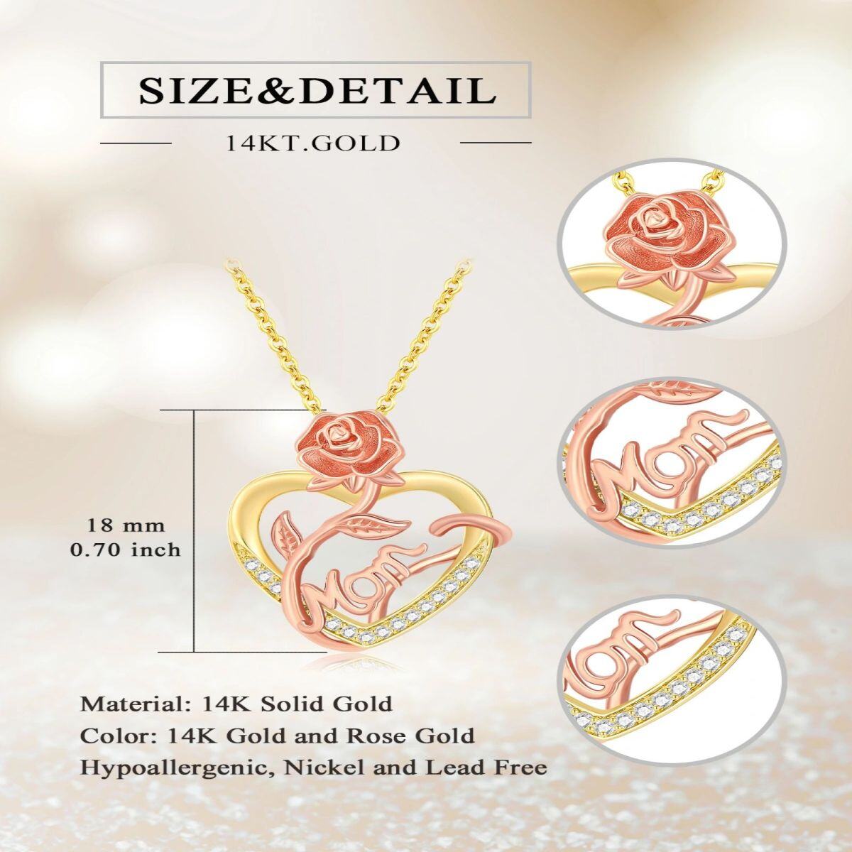 14K Gold & Rose Gold Circular Shaped Cubic Zirconia Rose & Heart Pendant Necklace with Engraved Word-4