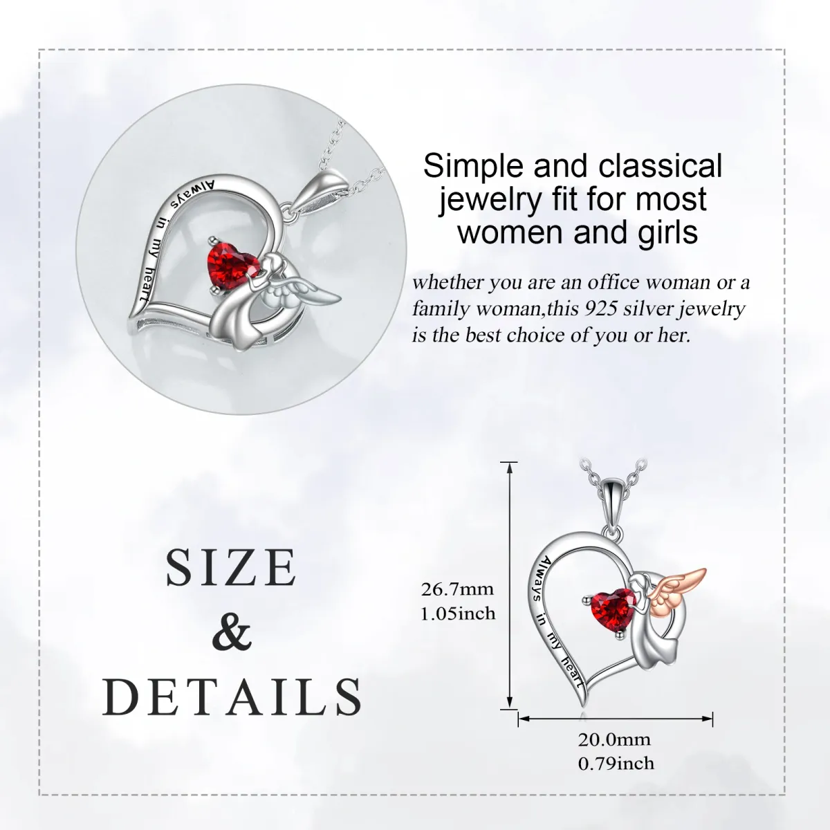 Sterling Silver Heart Shaped Zircon Heart Pendant Necklace with Engraved Word-5