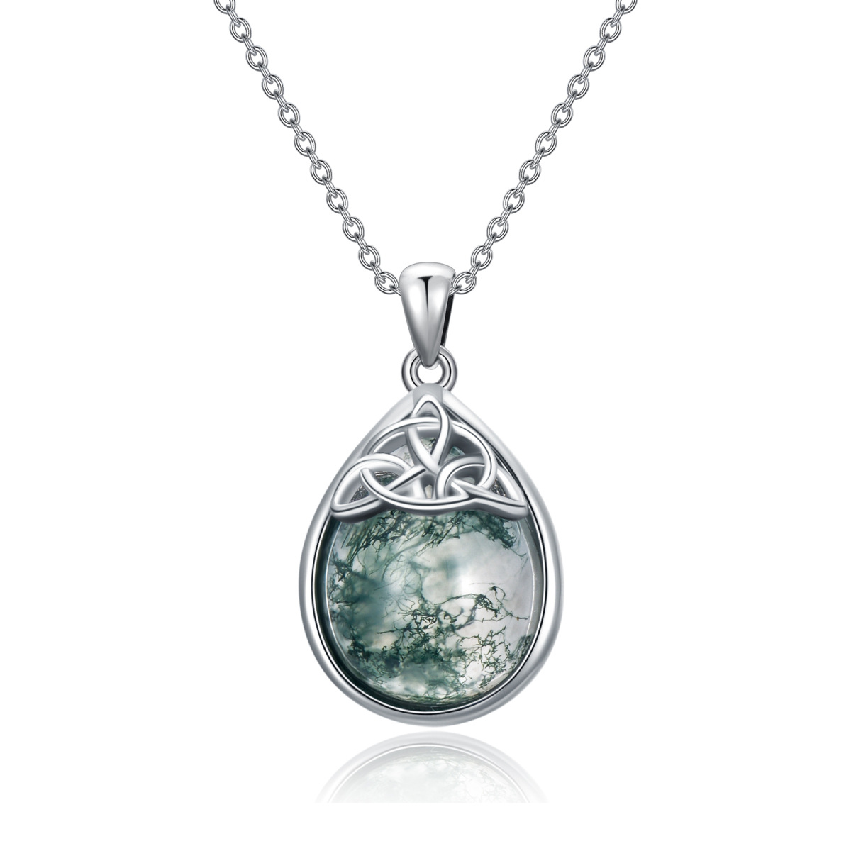 Sterling Silver Teardrop/Pear-shaped Moss Agate Celtic Knot Pendant Necklace-1