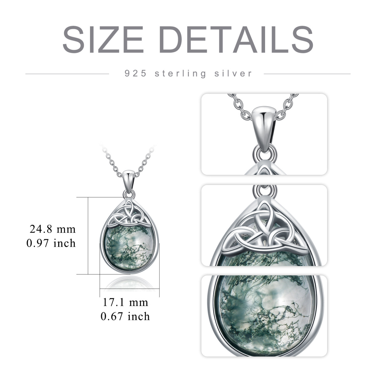 Sterling Silver Teardrop/Pear-shaped Moss Agate Celtic Knot Pendant Necklace-3