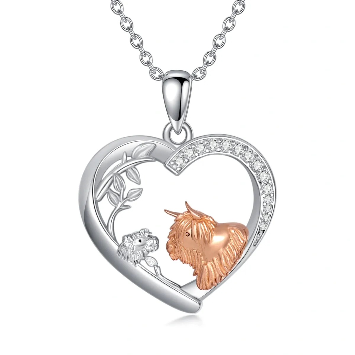 Sterling Silver Circular Shaped Cubic Zirconia Highland Cow & Heart Pendant Necklace-1