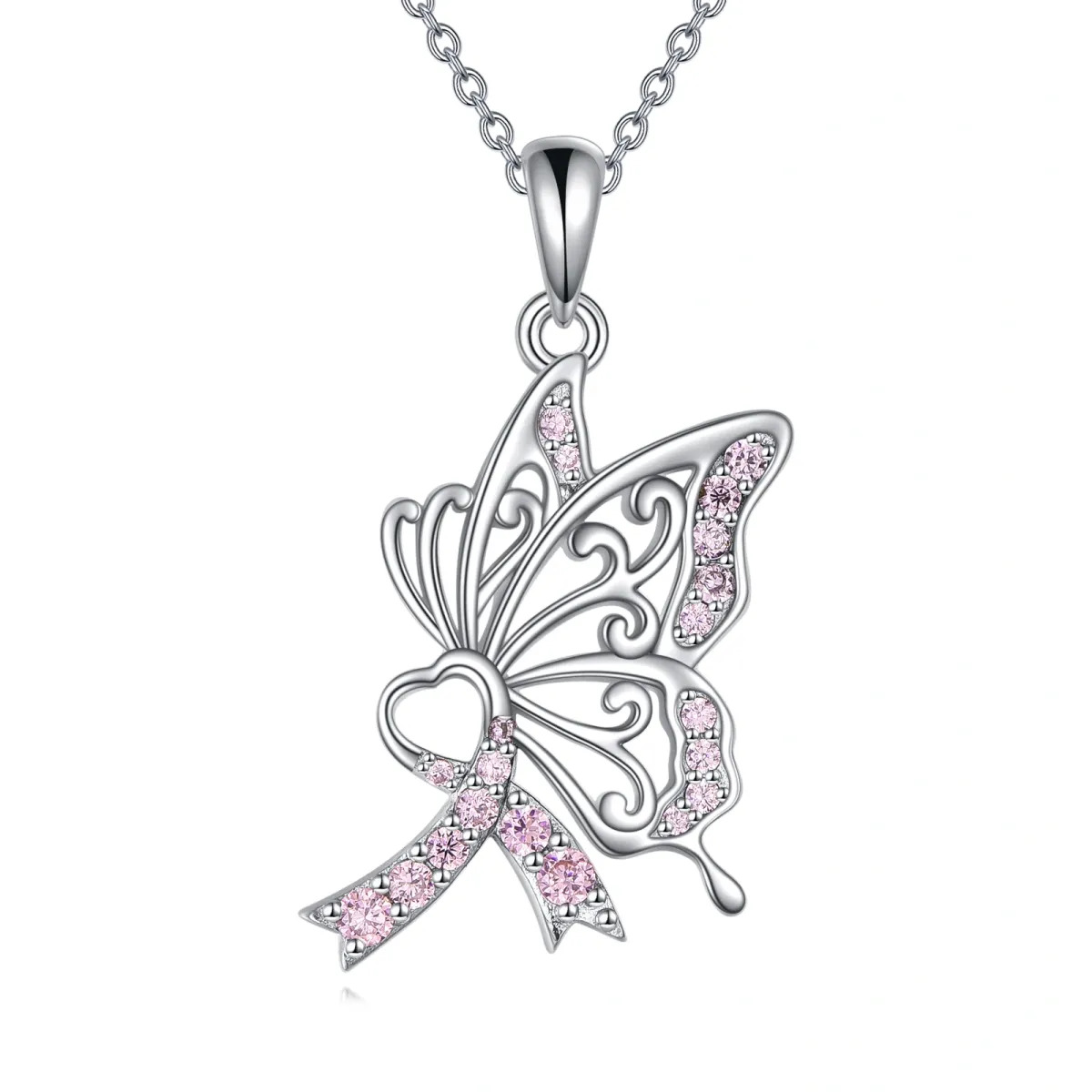 Sterling Silver Circular Shaped Cubic Zirconia Butterfly & Heart & Ribbon Pendant Necklace-1