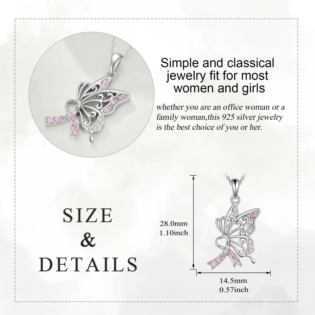 Sterling Silver Circular Shaped Cubic Zirconia Butterfly & Heart & Ribbon Pendant Necklace-5