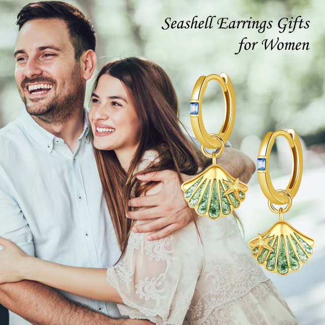 Sterling Silver with Yellow Gold Plated Princess-square Shaped Cubic Zirconia Shell Drop Earrings-5