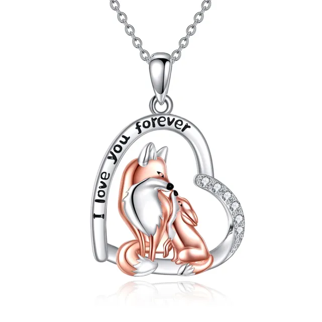 Sterling Silver Zircon Fox & Heart Pendant Necklace with Engraved Word-0