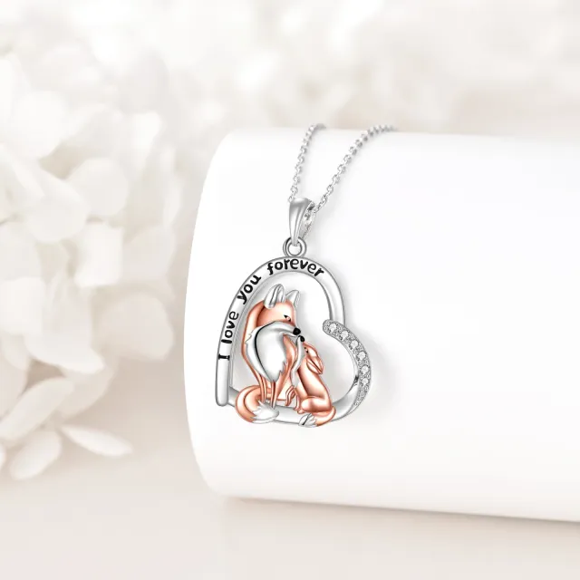 Sterling Silver Zircon Fox & Heart Pendant Necklace with Engraved Word-2