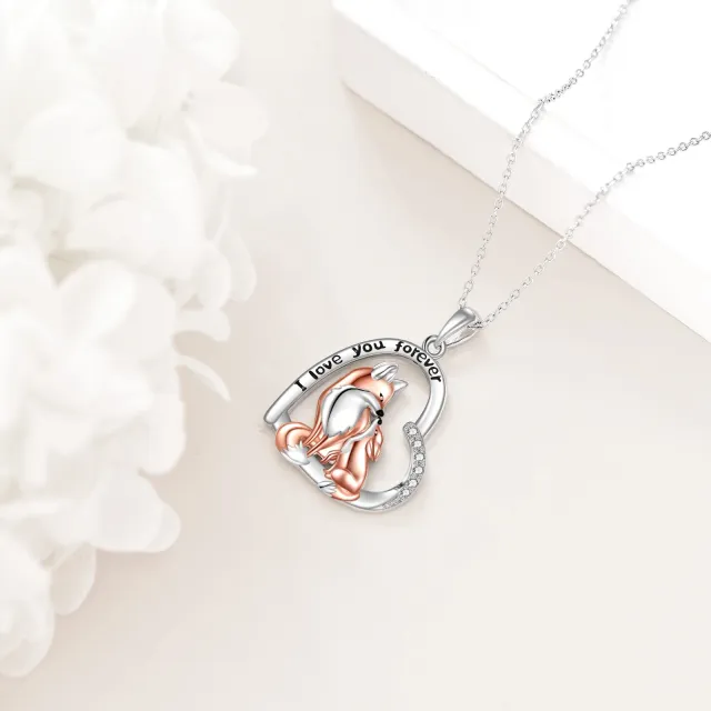 Sterling Silver Zircon Fox & Heart Pendant Necklace with Engraved Word-3