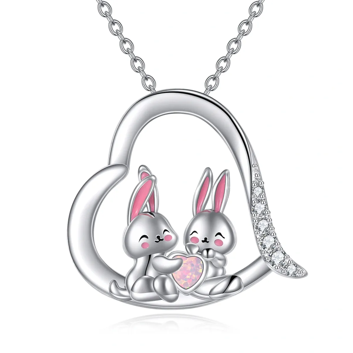 Sterling Silver Circular Shaped & Heart Shaped Cubic Zirconia & Opal Rabbit & Heart Pendant Necklace-1