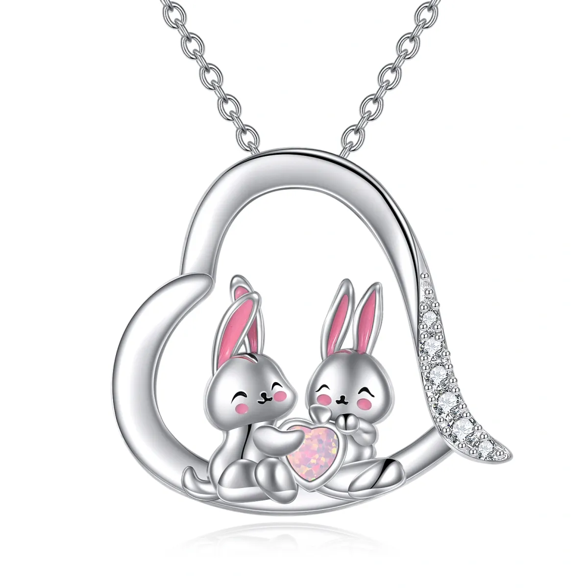 Collier en argent sterling avec pendentif lapin et cœur en zirconium cubique et opale-1