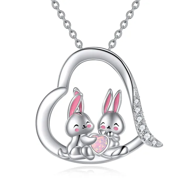 Sterling Silver Circular Shaped & Heart Shaped Cubic Zirconia & Opal Rabbit & Heart Pendant Necklace-0