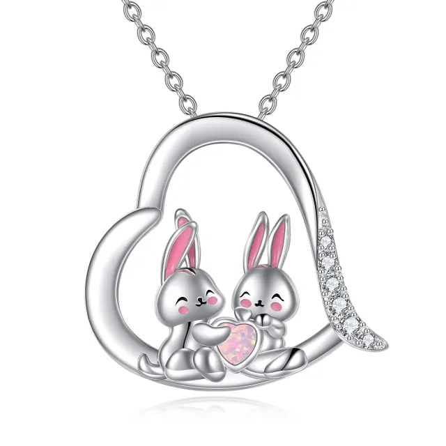 Collier en argent sterling avec pendentif lapin et cœur en zirconium cubique et opale-0