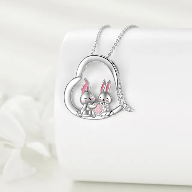 Sterling Silver Circular Shaped & Heart Shaped Cubic Zirconia & Opal Rabbit & Heart Pendant Necklace-2