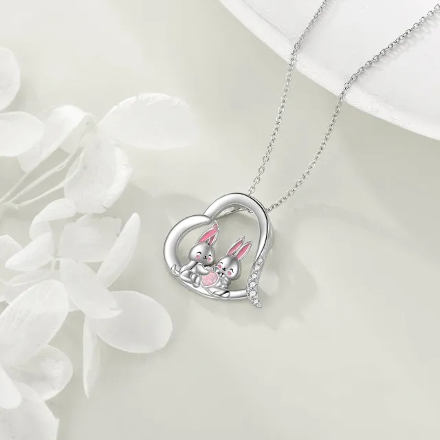 Sterling Silver Circular Shaped & Heart Shaped Cubic Zirconia & Opal Rabbit & Heart Pendant Necklace-3