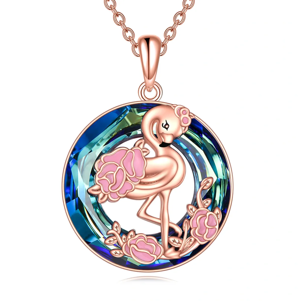 Sterling Silber mit Rose vergoldet kreisförmiger Flamingo Kristall Anhänger Halskette-1