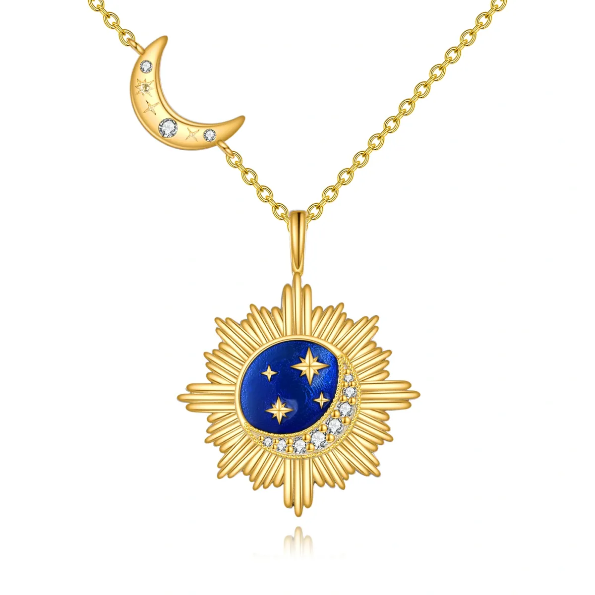 Sterling Silver with Yellow Gold Plated Circular Shaped Zircon Moon & Star & Sun Pendant Necklace-1