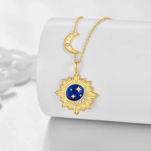 Sterling Silver with Yellow Gold Plated Circular Shaped Zircon Moon & Star & Sun Pendant Necklace-2
