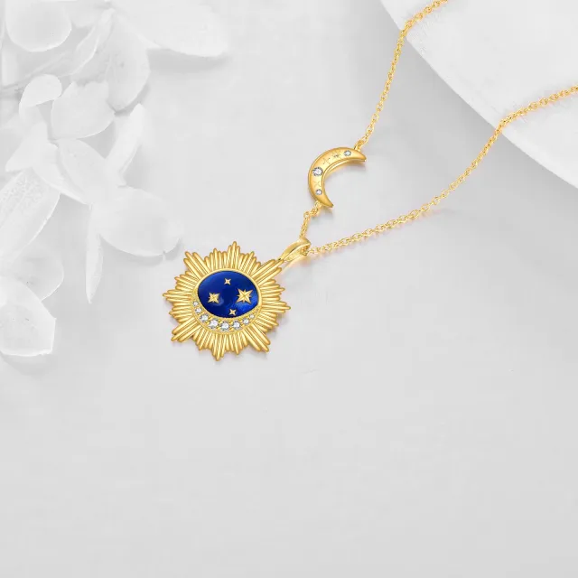 Sterling Silver with Yellow Gold Plated Circular Shaped Zircon Moon & Star & Sun Pendant Necklace-3