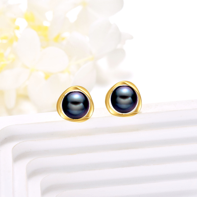 14K Gold Black Round Pearl Stud Earrings-3