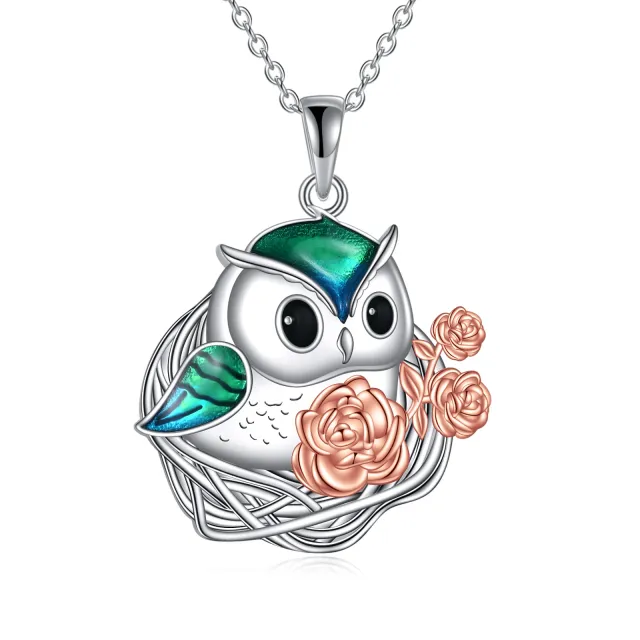 Sterling Silver Owl & Rose Pendant Necklace-0