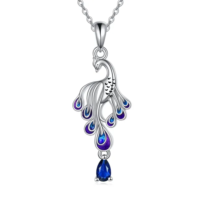 Sterling Silver Pear Shaped Crystal Peacock Pendant Necklace-0