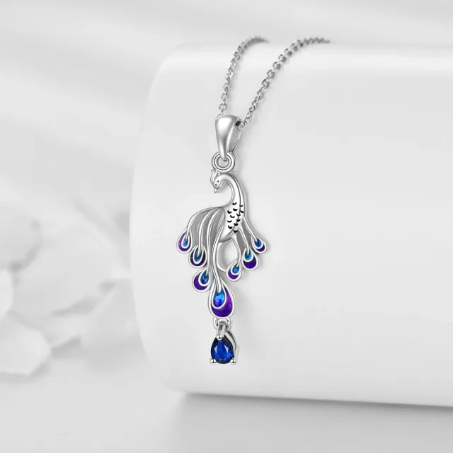 Sterling Silver Pear Shaped Crystal Peacock Pendant Necklace-2