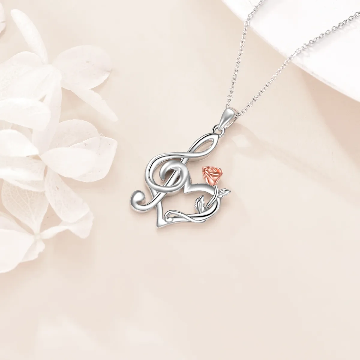 Sterling Silver Two-tone Rose Pendant Necklace-4
