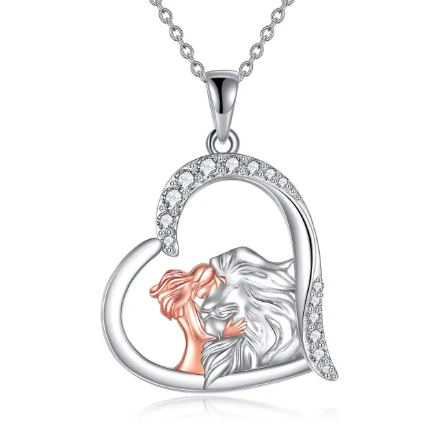 Sterling Silver Two-tone Circular Shaped Cubic Zirconia Lion & Heart Pendant Necklace-2