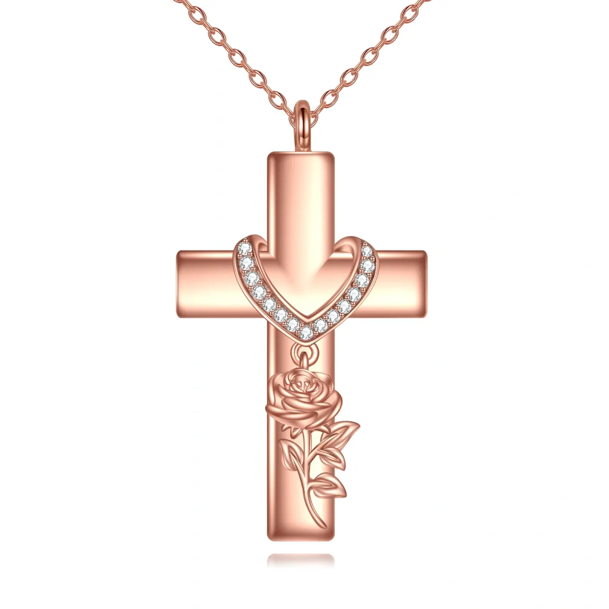 Sterling Silver with Rose Gold Plated Cubic Zirconia Rose & Cross Pendant Necklace-1