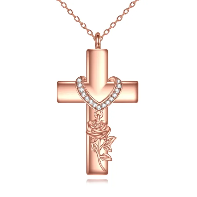 Sterling Silver with Rose Gold Plated Cubic Zirconia Rose & Cross Pendant Necklace-0
