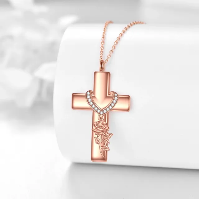 Sterling Silver with Rose Gold Plated Cubic Zirconia Rose & Cross Pendant Necklace-2